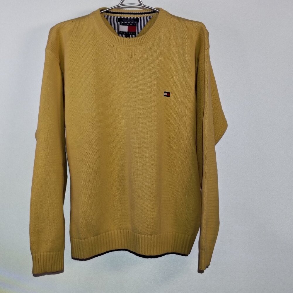 VINTAGE 90s Tommy Hilfiger Sweater Mens Yellow Knit Embroidered Logo‎ Size Large